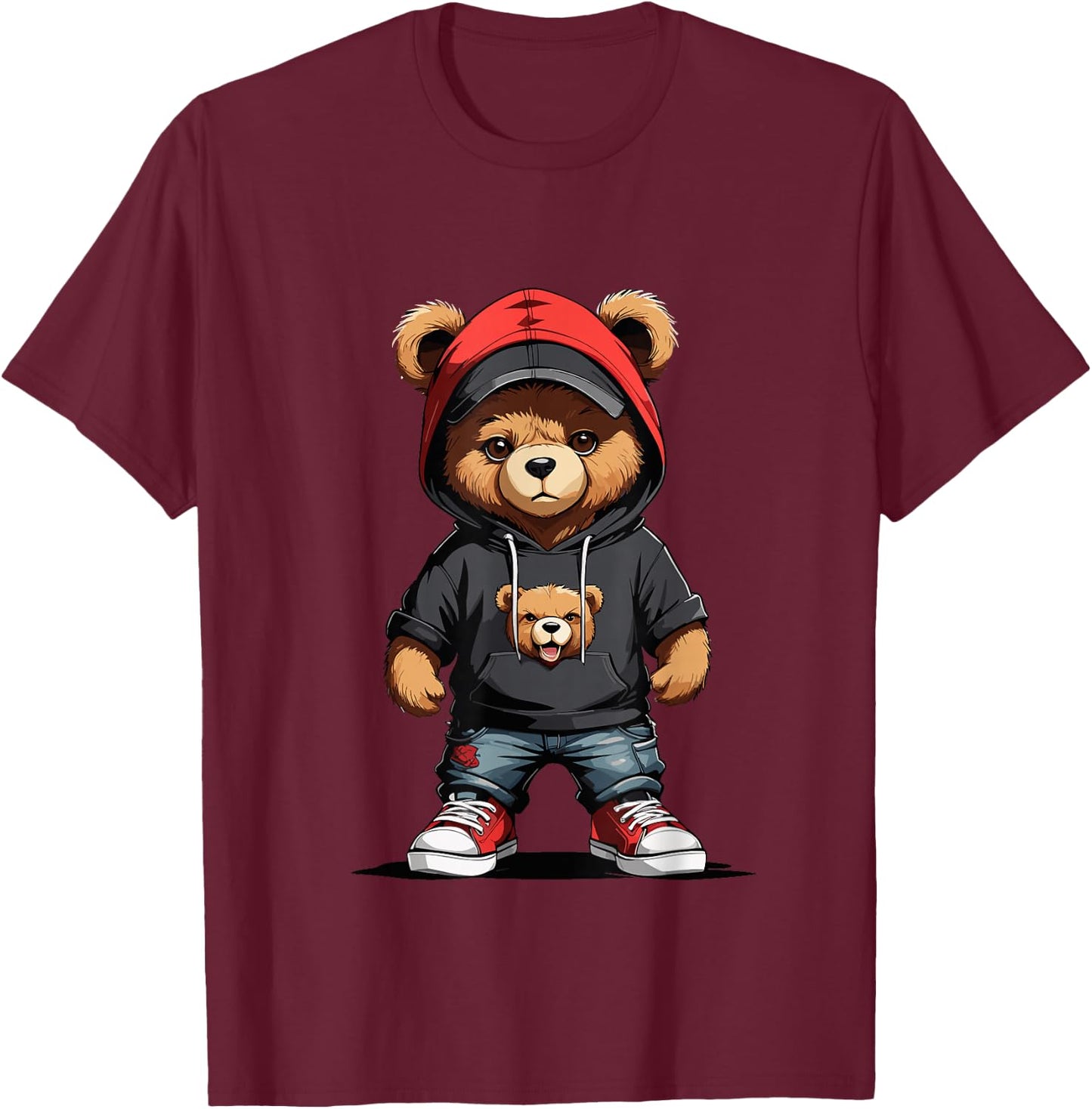Teddy Bear Red Cap Gangster in Hip Hop Street Clothes T-Shirt - T-Shirt | Maroon