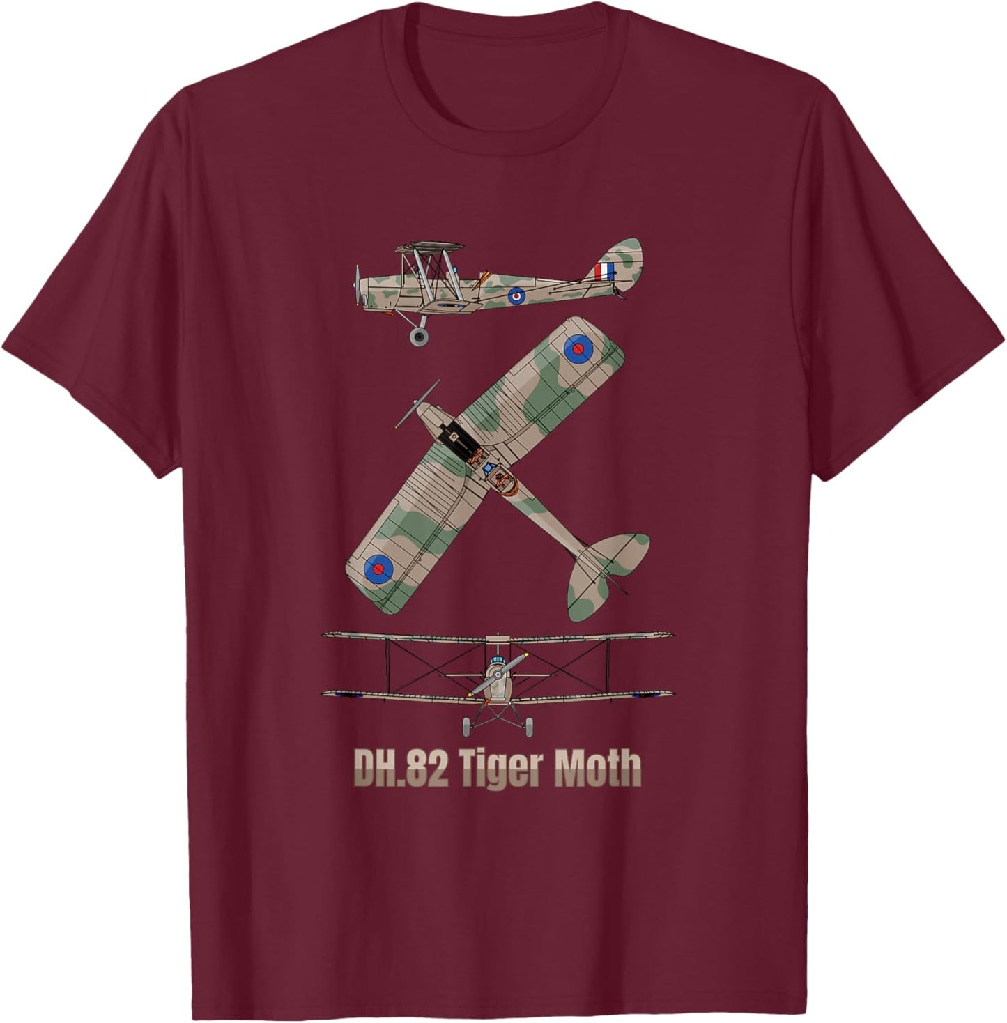 DH 82 Tiger Moth British Biplane Diagram T-Shirt - T-Shirt | Maroon