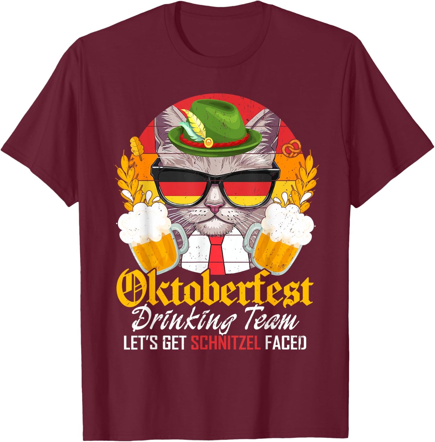 Oktoberfest Drinking Team Let's Get Schnitzel Faced Cat Men T-Shirt - T-Shirt | Maroon
