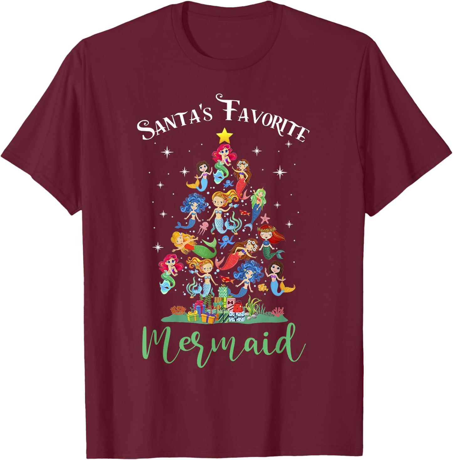 Santa's Favorite Mermaid Christmas Tree Matching Women Kids T-Shirt - T-Shirt | Maroon