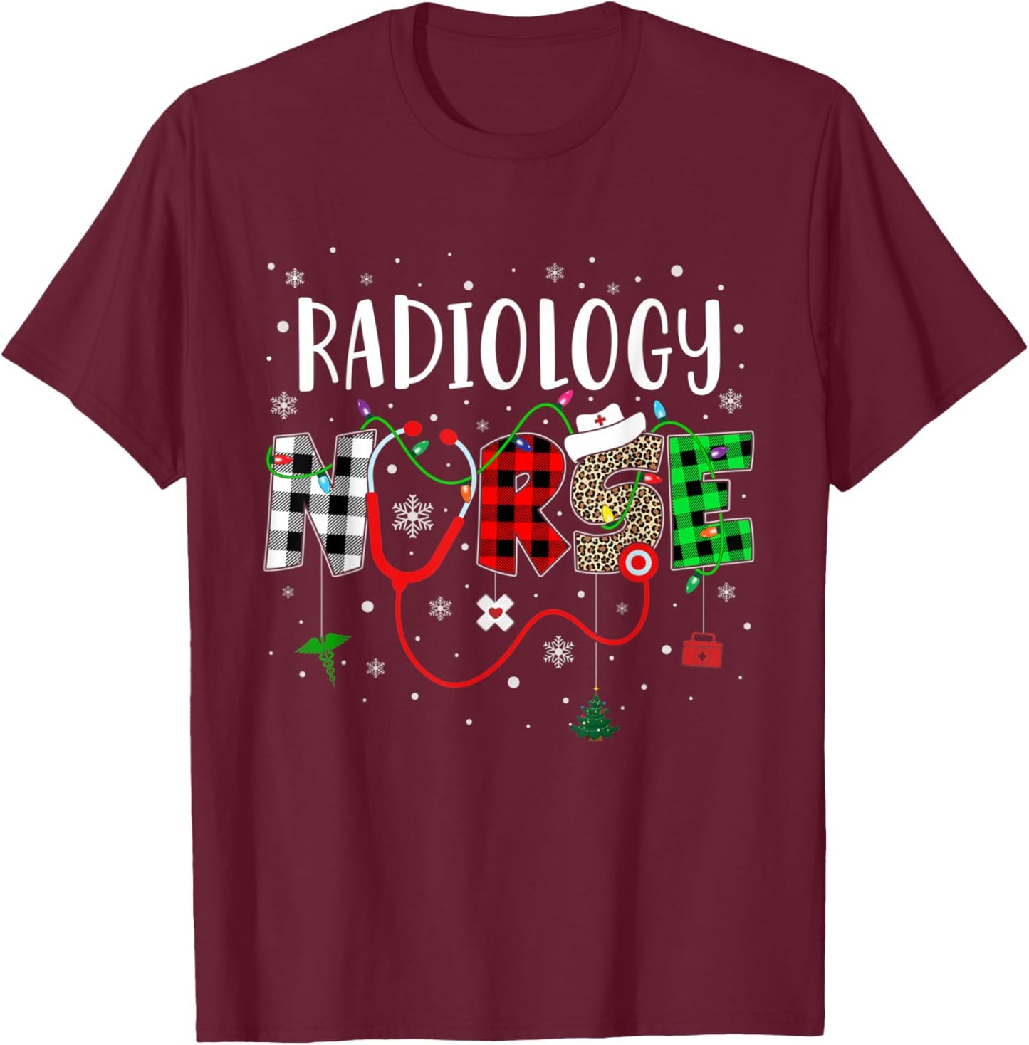 Radiology Nurse Leopard Red Buffalo Plaid Christmas Nurse T-Shirt - T-Shirt | Maroon