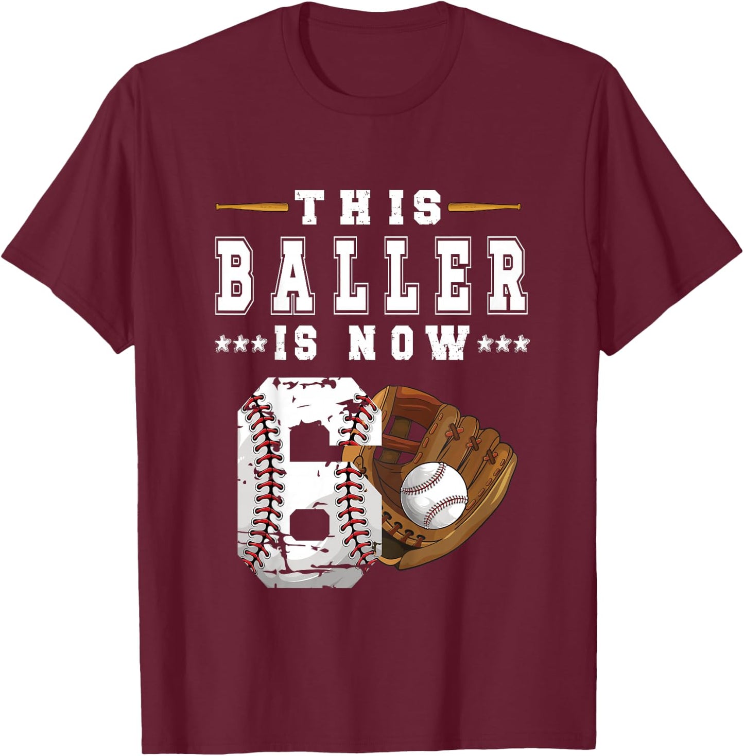 Kids 6th Birthday Baseball Boy Six Year Old Baseball Player T-Shirt - T-Shirt | Maroon