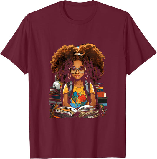 Back to School Afro African American Children Girls Book Reading T-Shirt - T-Shirt | Maroon