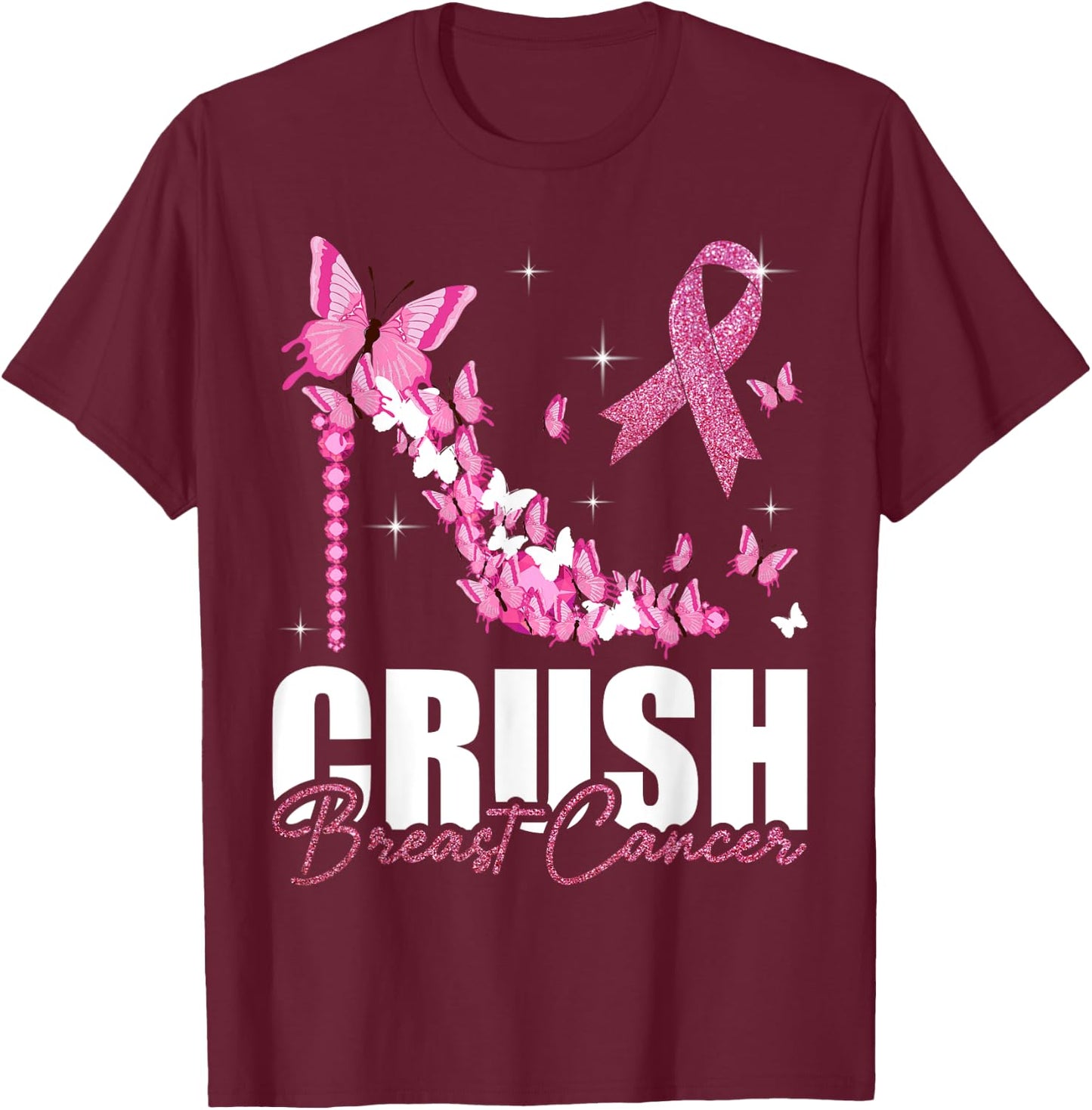 Crush Breast Cancer Ribbon Butterfly Breast Cancer Awareness T-Shirt - T-Shirt | Maroon