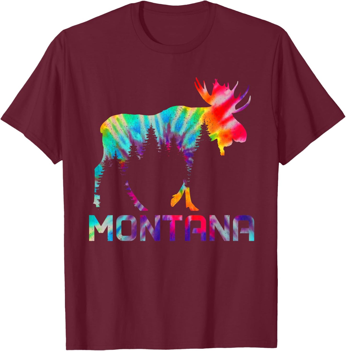 Montana PNW Vintage Tie Dye Souvenir Moose T-Shirt - T-Shirt | Maroon