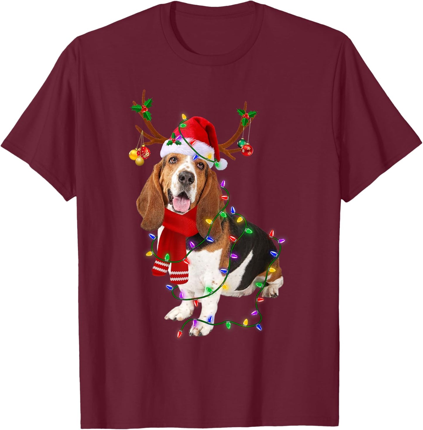 Funny Basset Hound Dog Tree Christmas Lights Xmas Pajama Men Women Kids T-Shirt - T-Shirt | Maroon