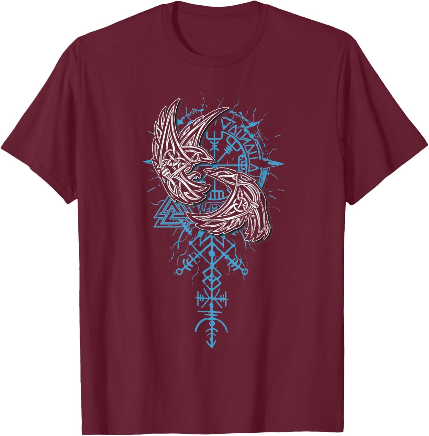 Valhalla Raven Ravens Odin's Runes Norse Compass Viking T-Shirt - T-Shirt | Maroon