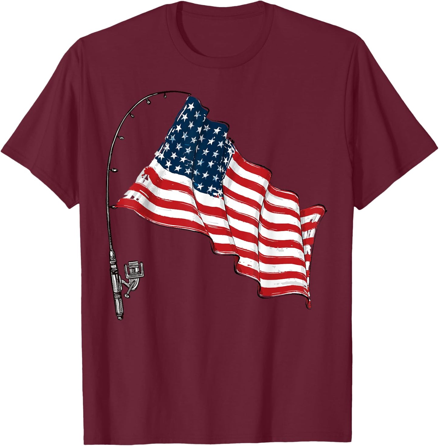 Vintage American Flag Fishing Rod Fishing Lover Fisherman T-Shirt - T-Shirt | Maroon