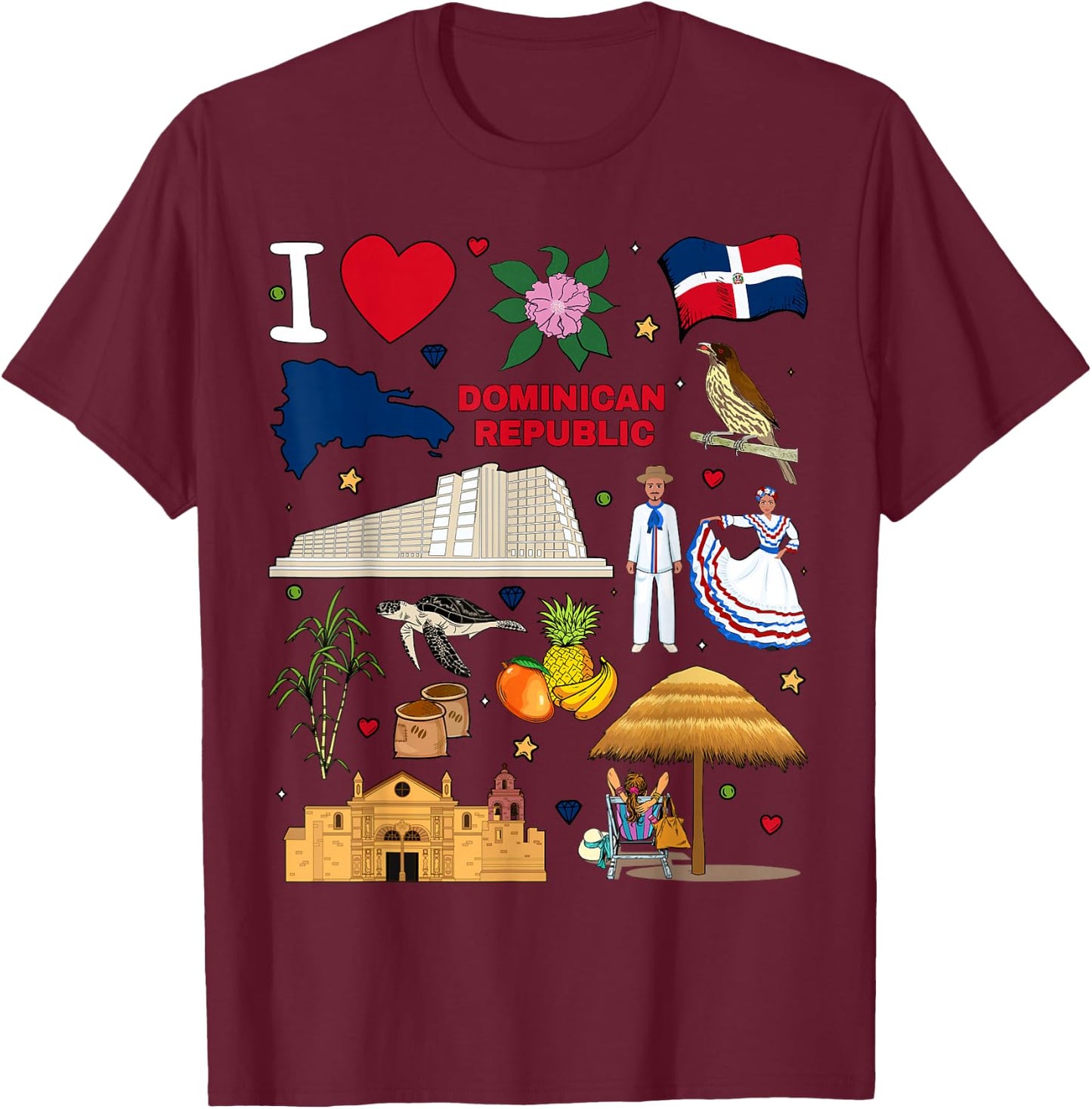 I Love Dominican Republic. Hand Drawn Landmarks, Flag, map T-Shirt - T-Shirt | Maroon