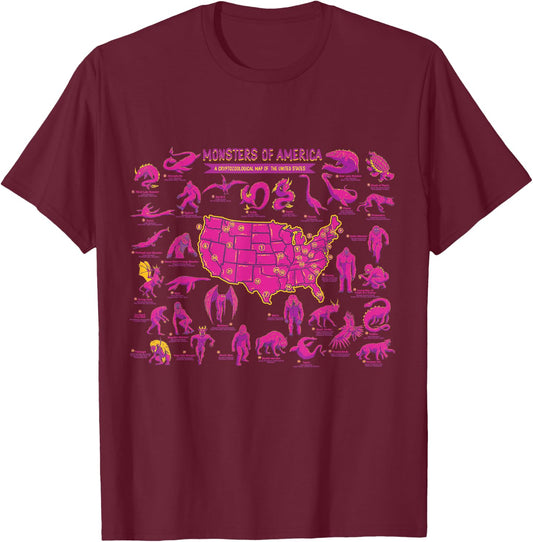 Cryptid Shirt Monster of America Educational Cryptozoology T-Shirt - T-Shirt | Maroon
