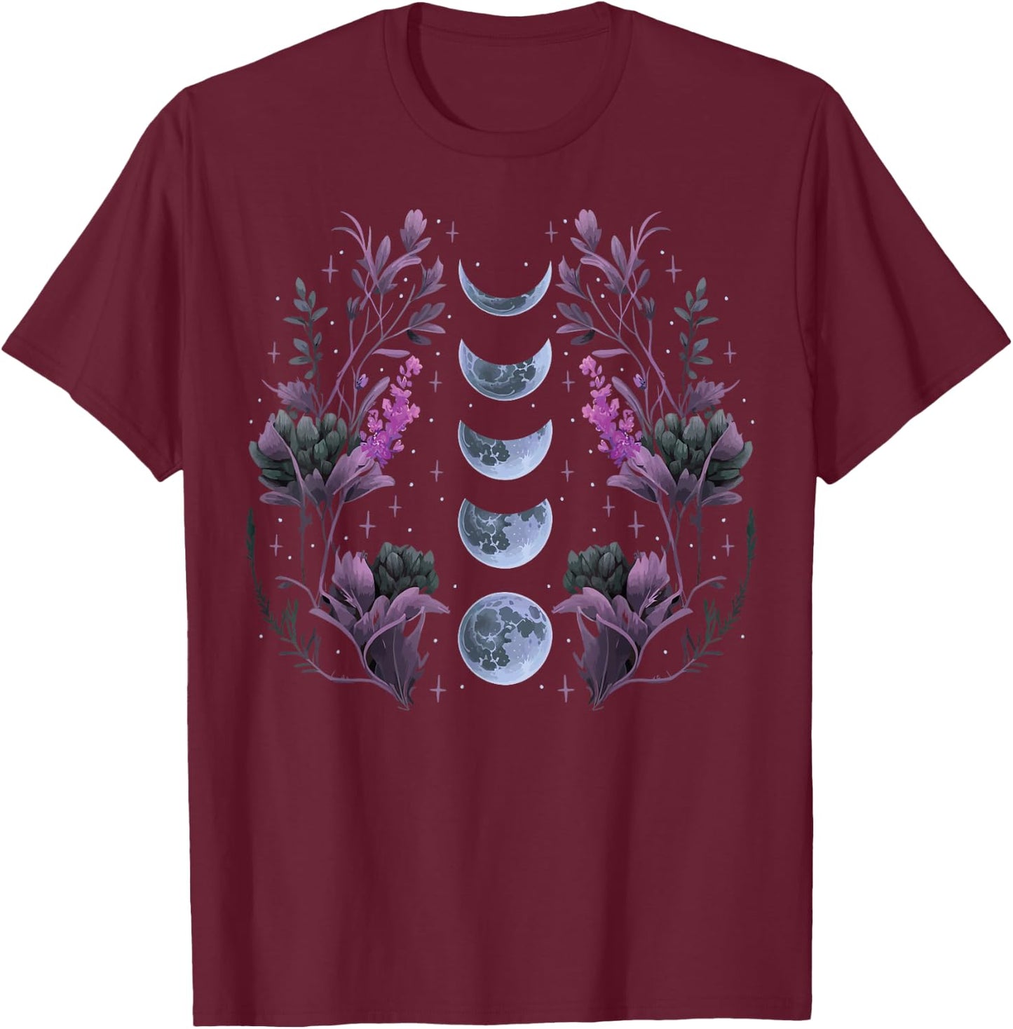 Celestial Moon Phase BOHO Wildflowers Zodiac Witchcore T-Shirt - T-Shirt | Maroon