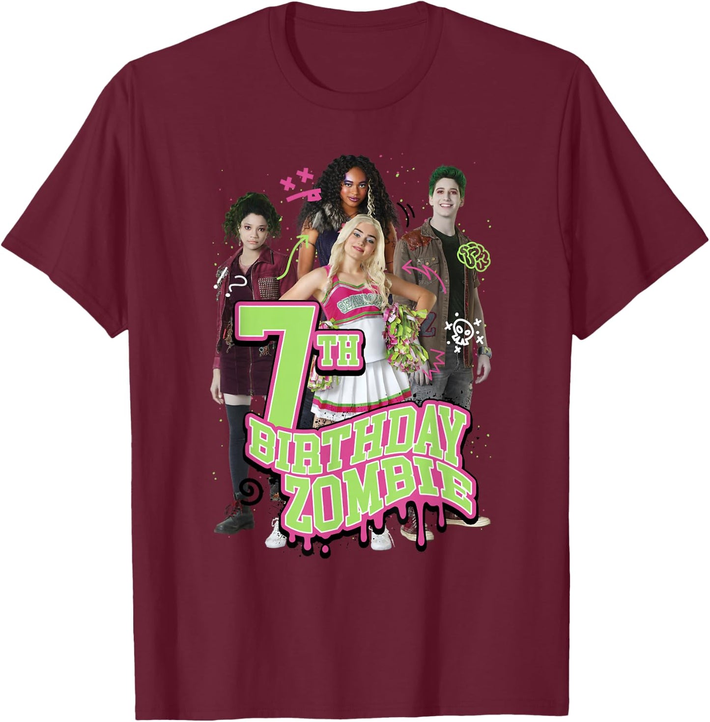 Disney Zombies 7th Birthday Zombie Group Poster Small T-Shirt - T-Shirt | Maroon