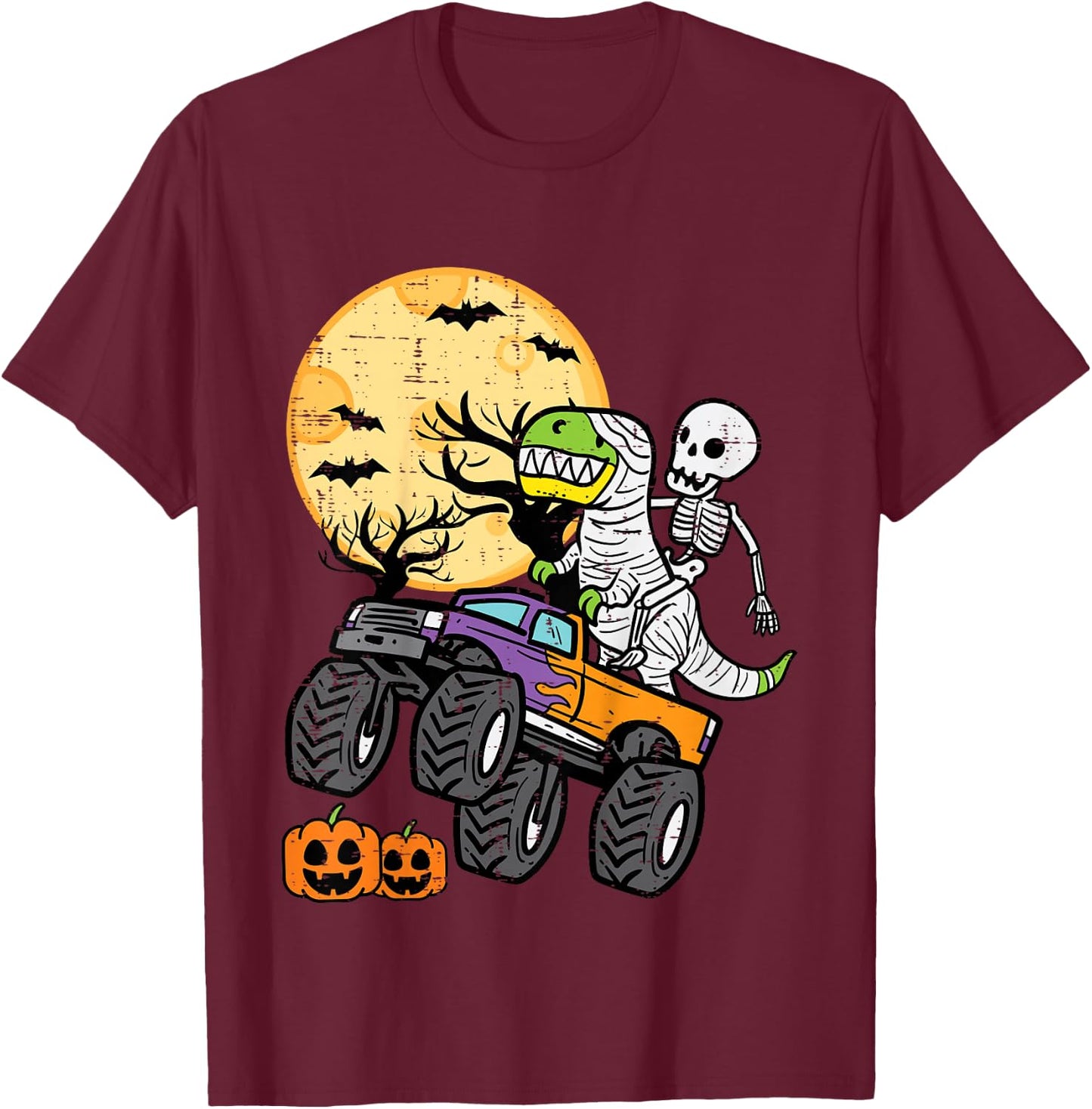 Kids Skeleton Dino Monster Truck Halloween Costume Toddler Boys T-Shirt - T-Shirt | Maroon