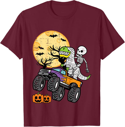 Kids Skeleton Dino Monster Truck Halloween Costume Toddler Boys T-Shirt - T-Shirt | Maroon