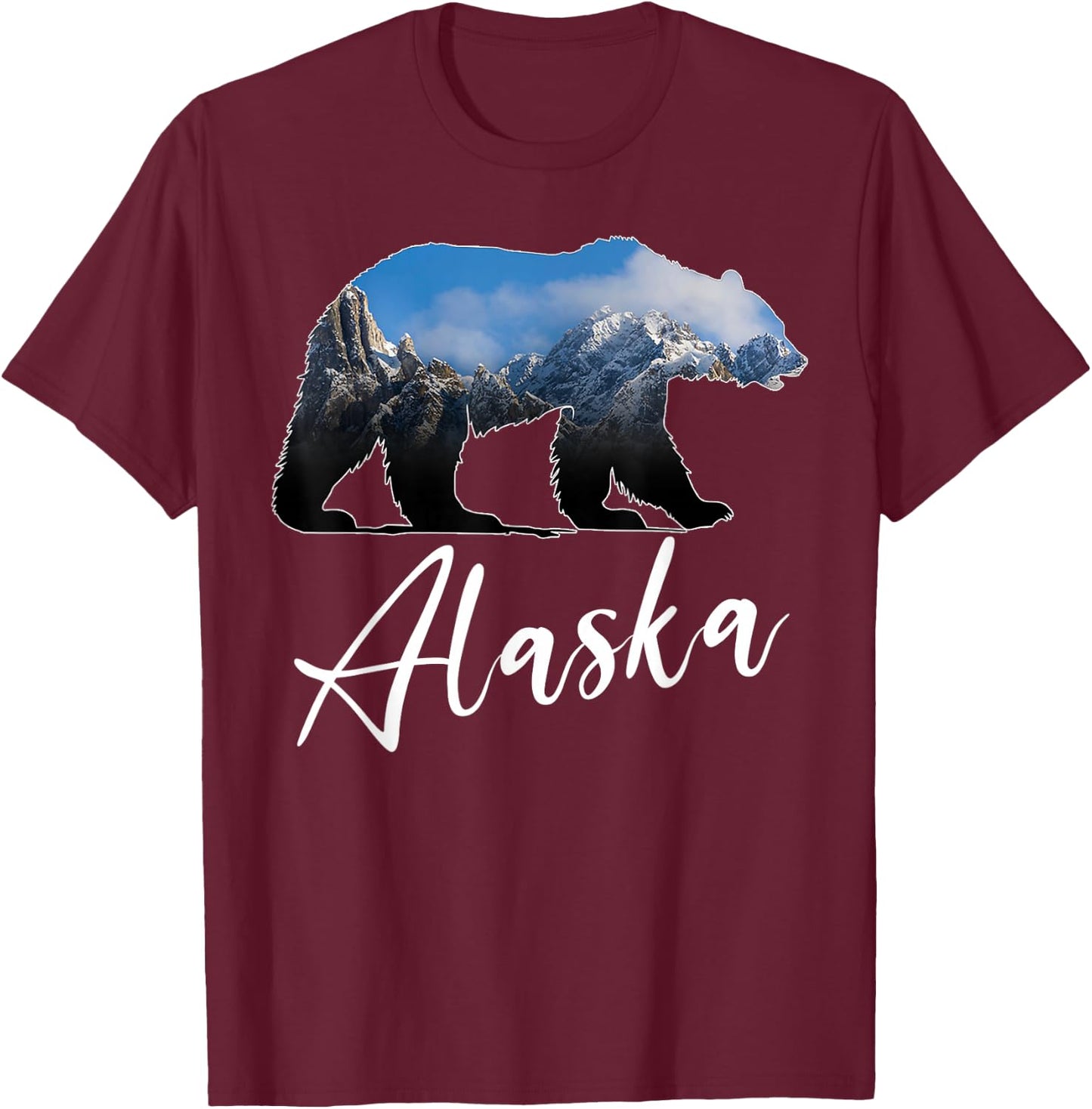 Alaskan Mountains Bear Grizzly Alaska State Souvenirs T-Shirt - T-Shirt | Maroon
