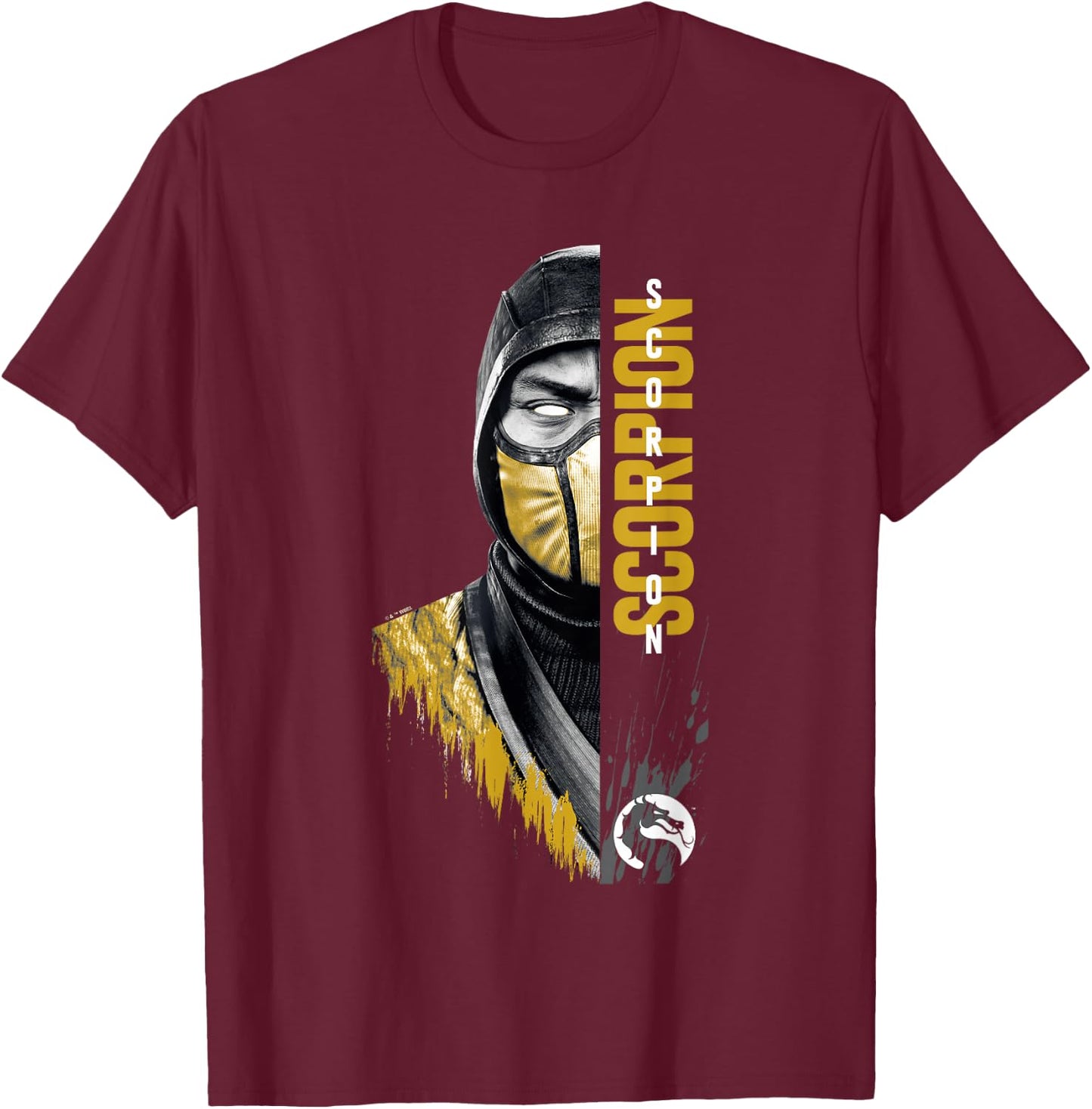 Mortal Kombat Klassic Scorpion Split Face Bust Portrait T-Shirt - T-Shirt | Maroon