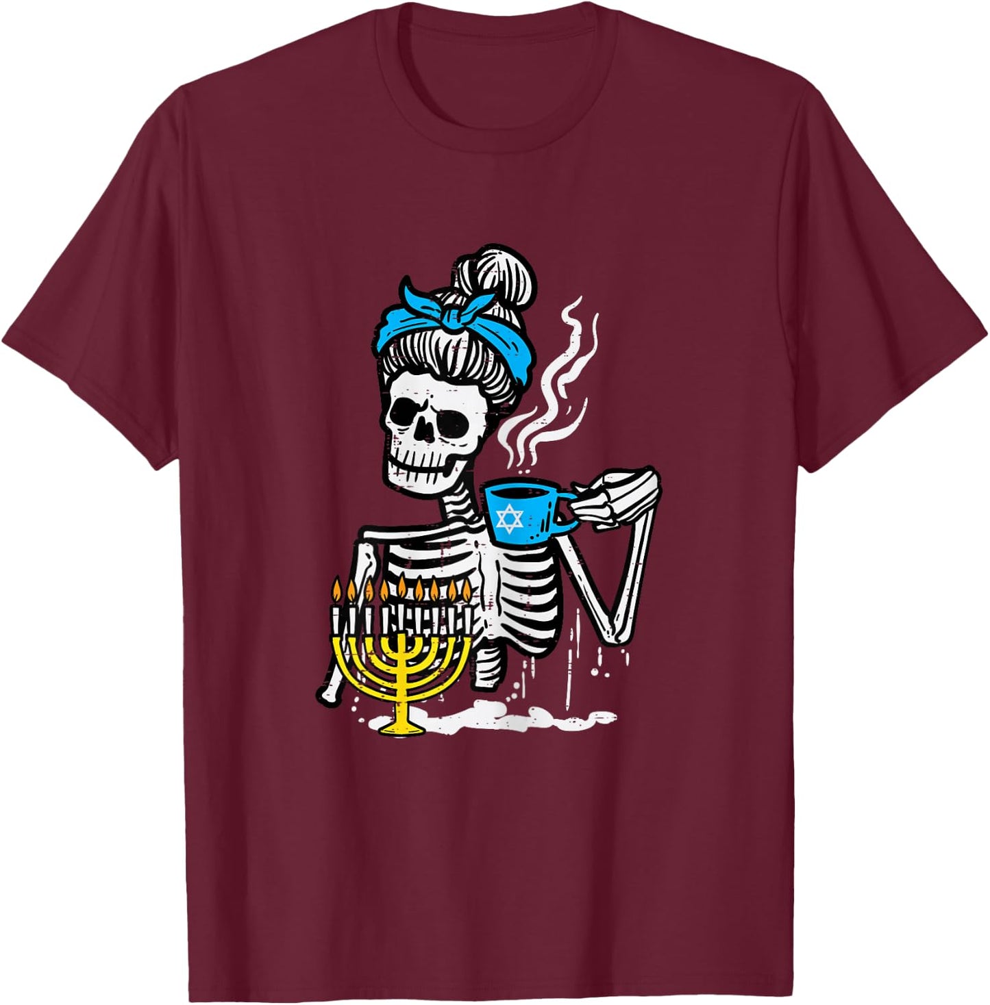 Hanukkah Skeleton Messy Bun Coffee Chanukah Women Girls Kids T-Shirt - T-Shirt | Maroon