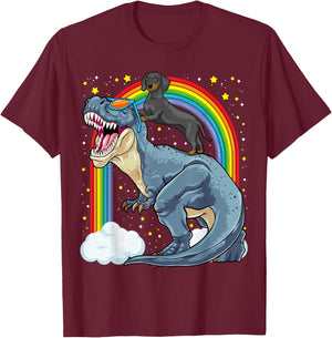 Dachshund Riding Dinosaur T-Rex Dog Rainbow Dino Funny T-Shirt - T-Shirt | Maroon