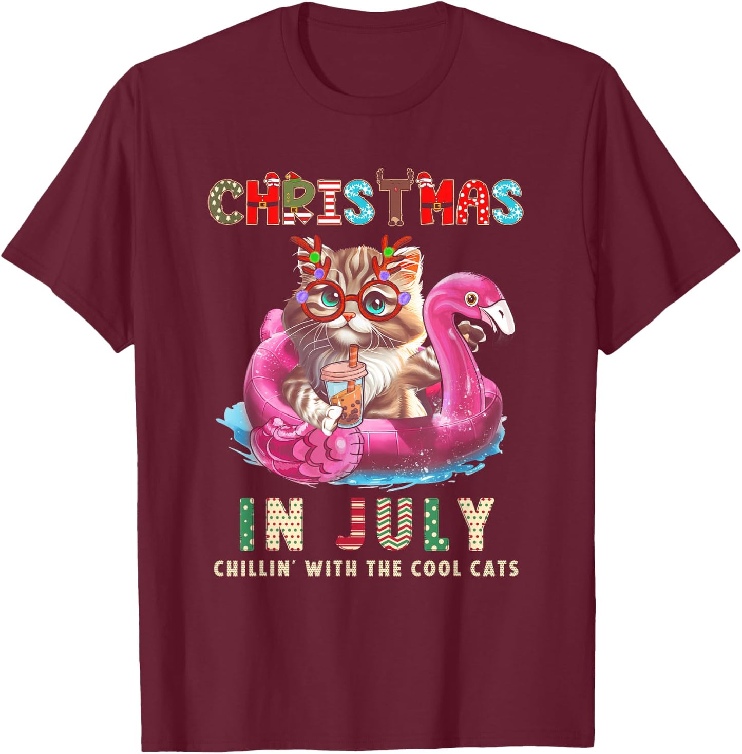 Christmas In July Chillin Cats Flamingo Float Meowy Xmas T-Shirt - T-Shirt | Maroon