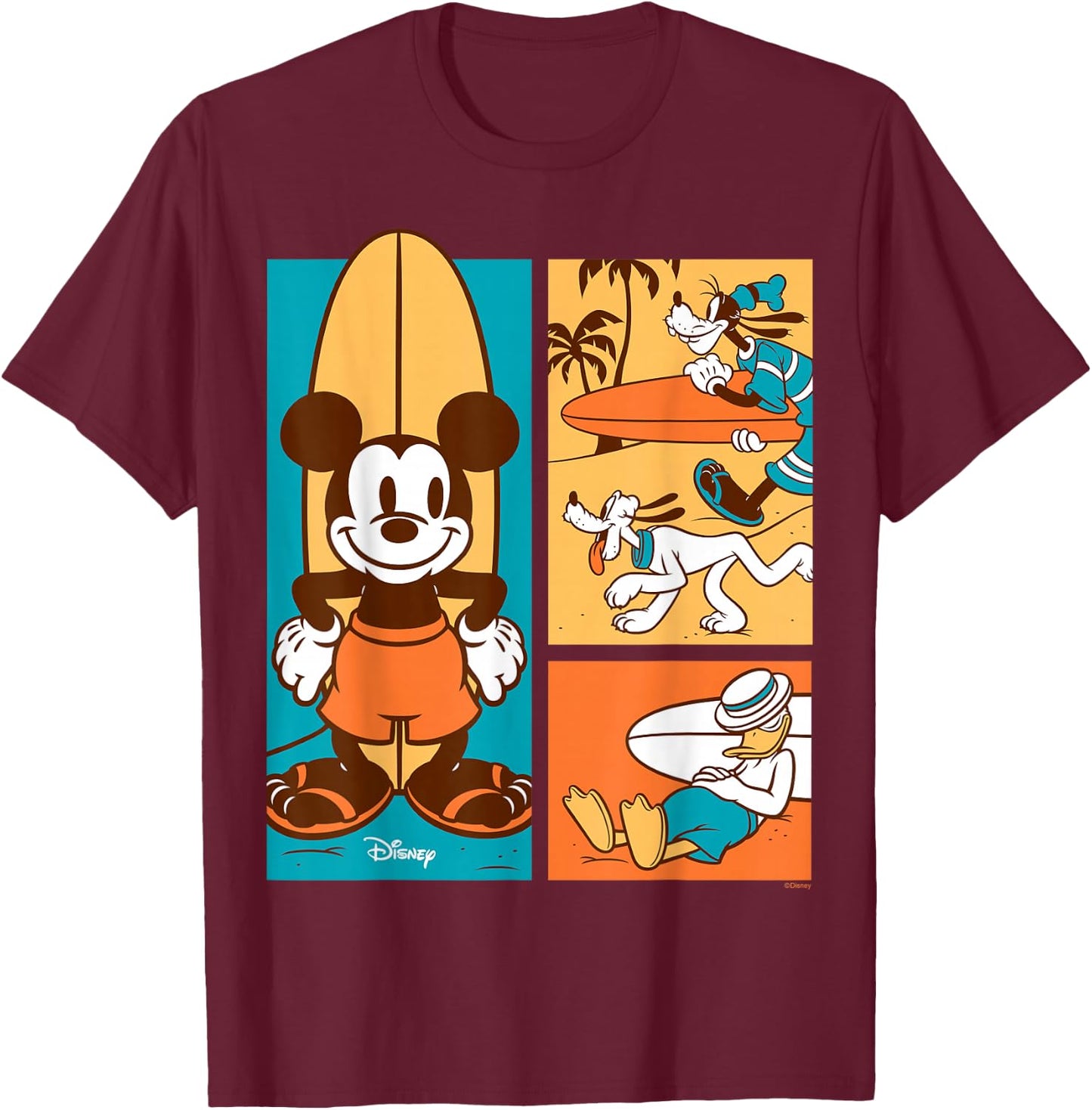 Disney - Mickey Donald Goofy Pluto Surfer Beach T-Shirt - T-Shirt | Maroon