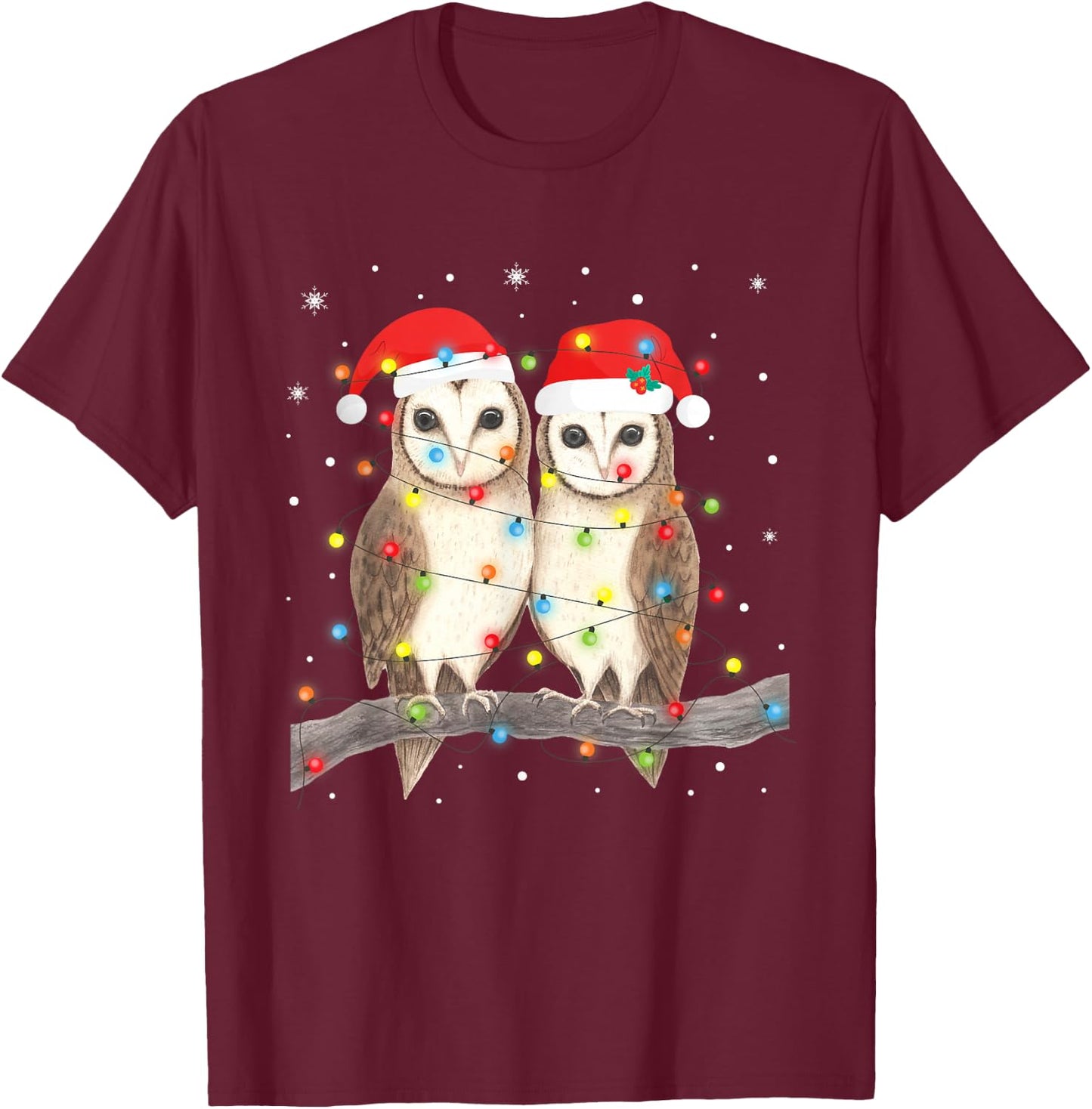 Owls Christmas Lights Tree Xmas Owl Lover T-Shirt - T-Shirt | Maroon