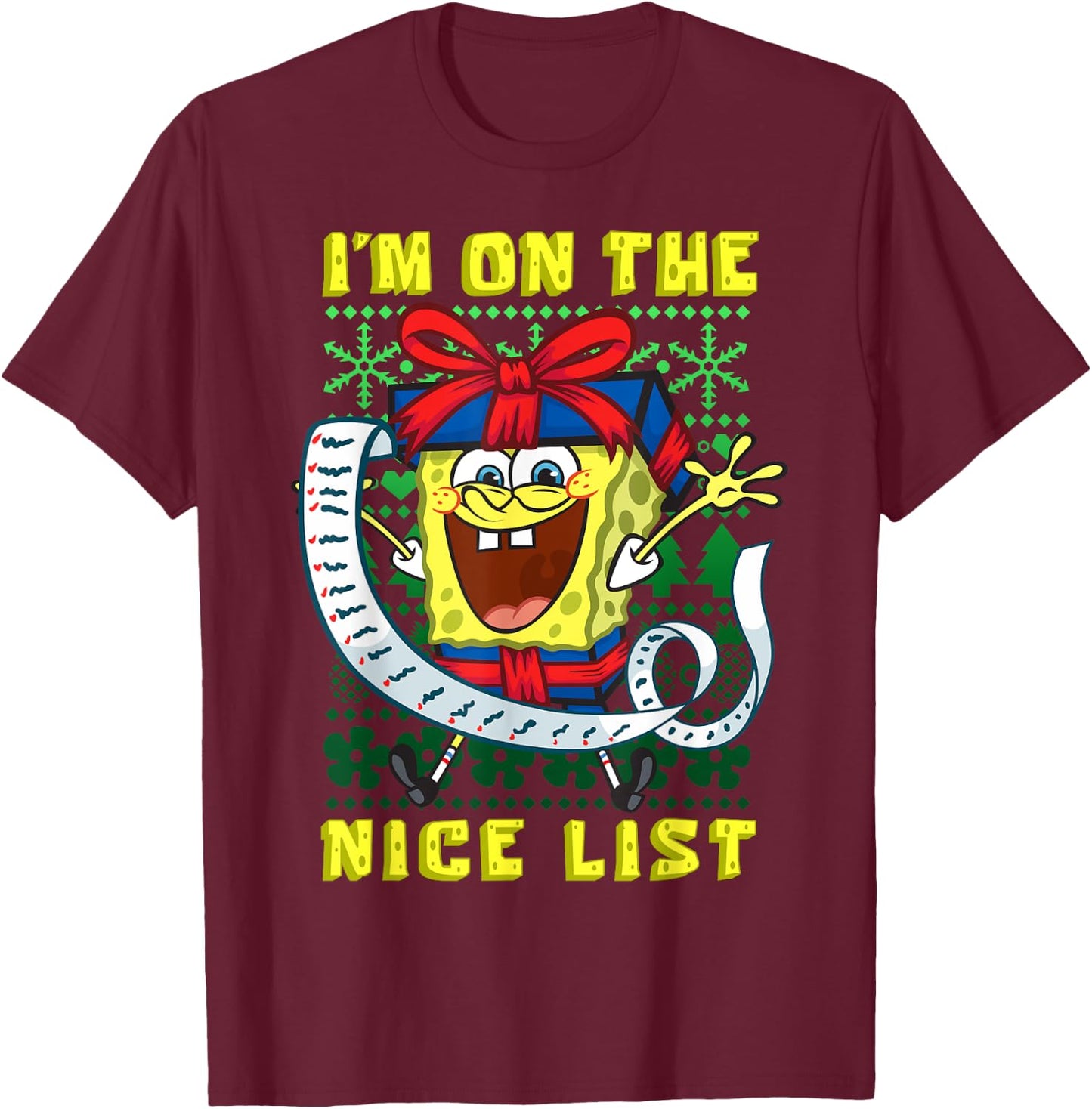 Mademark x SpongeBob SquarePants - SpongeBob Christmas I'm On The Nice List of Santa Boys Girls T-Shirt - T-Shirt | Maroon