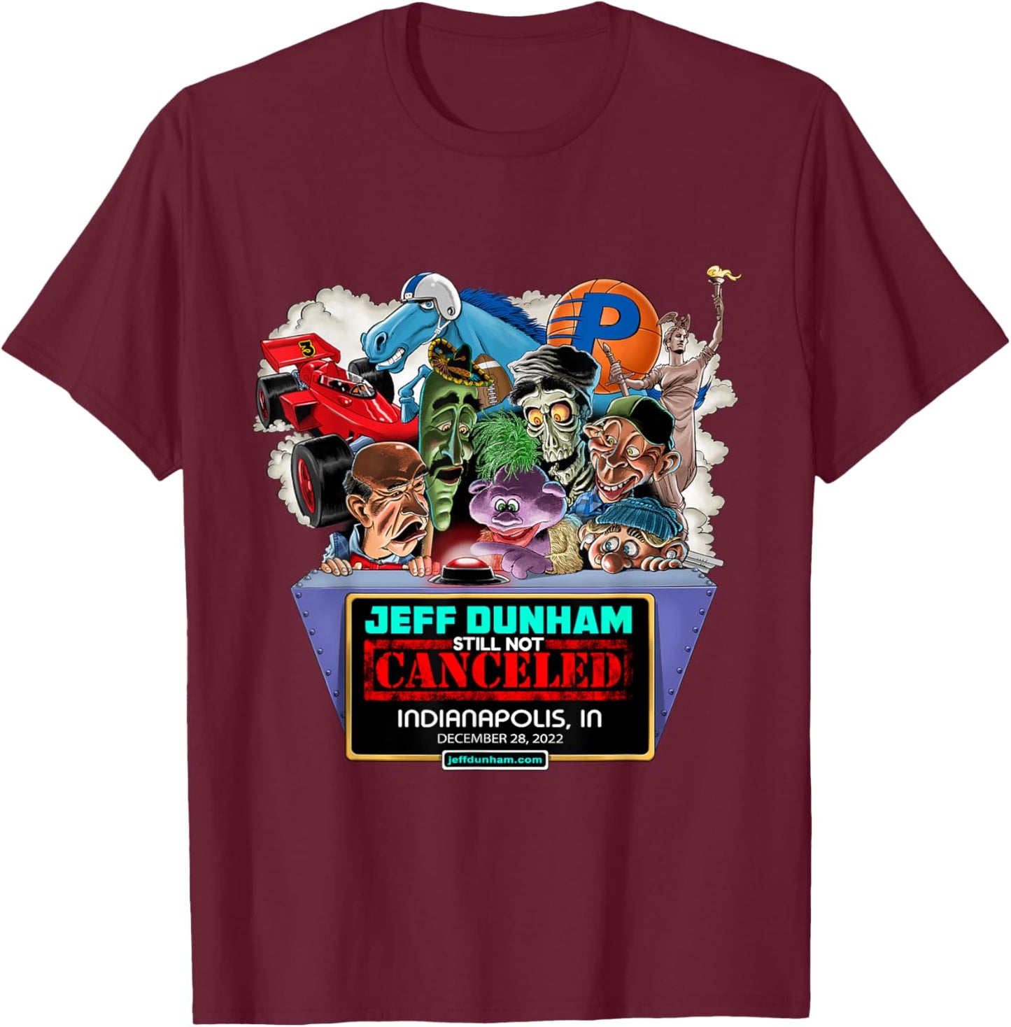 Jeff Dunham Indianapolis, IN (2022) T-Shirt - T-Shirt | Maroon