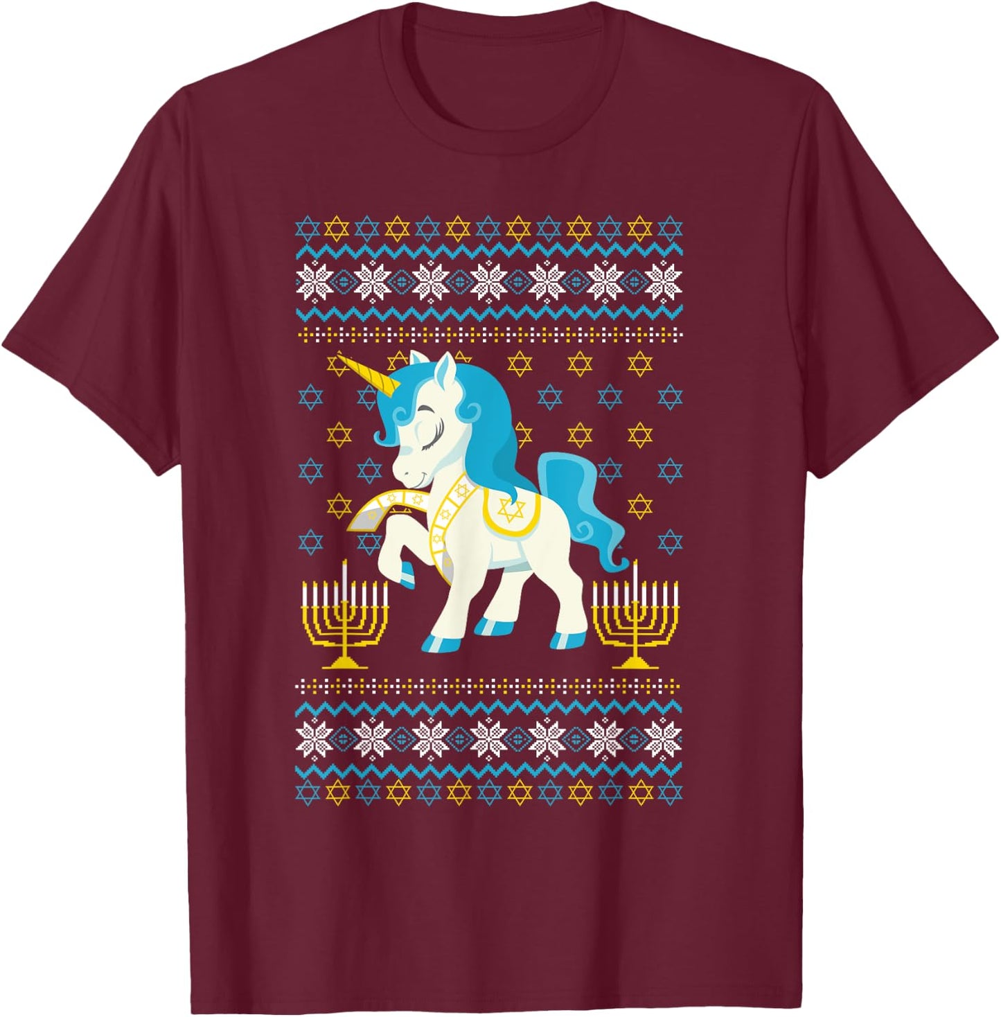 Ugly Hanukkah Sweater Unicorn Jewish Star Christmas Menorah T-Shirt - T-Shirt | Maroon