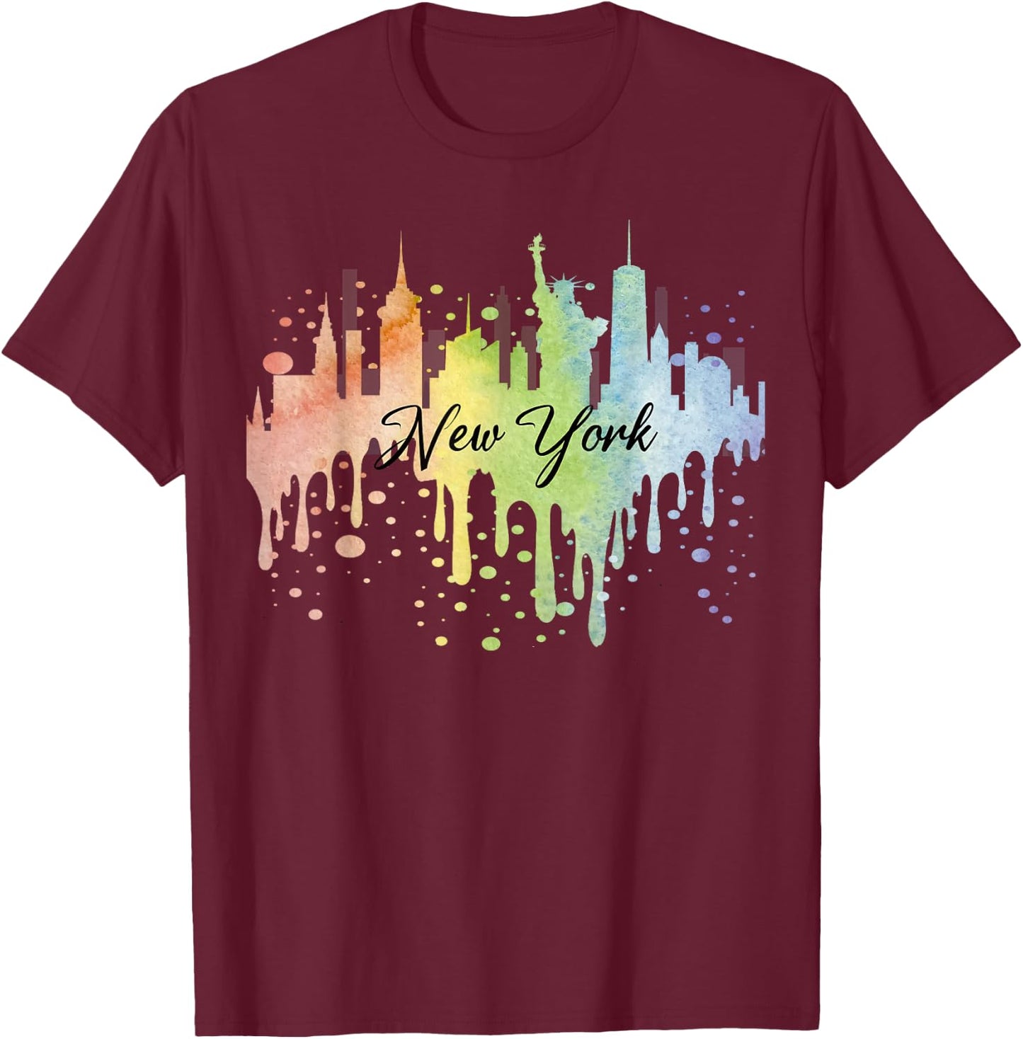 New York City Watercolor Art NYC Skyline Souvenir T-Shirt - T-Shirt | Maroon
