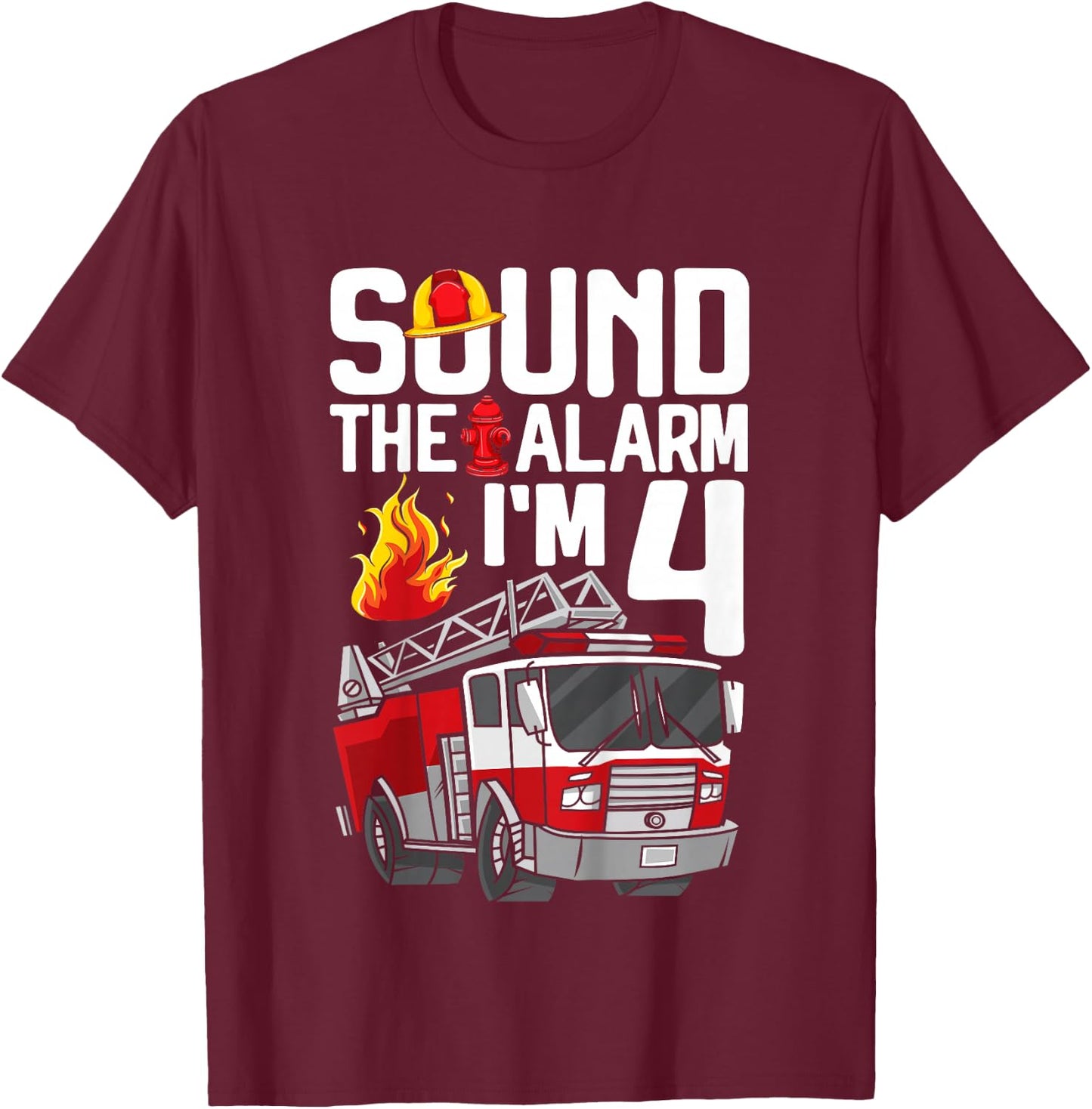 Kids 4 Year Old Firefighter 4th Birthday Boy Fire Truck 4yr T-Shirt - T-Shirt | Maroon
