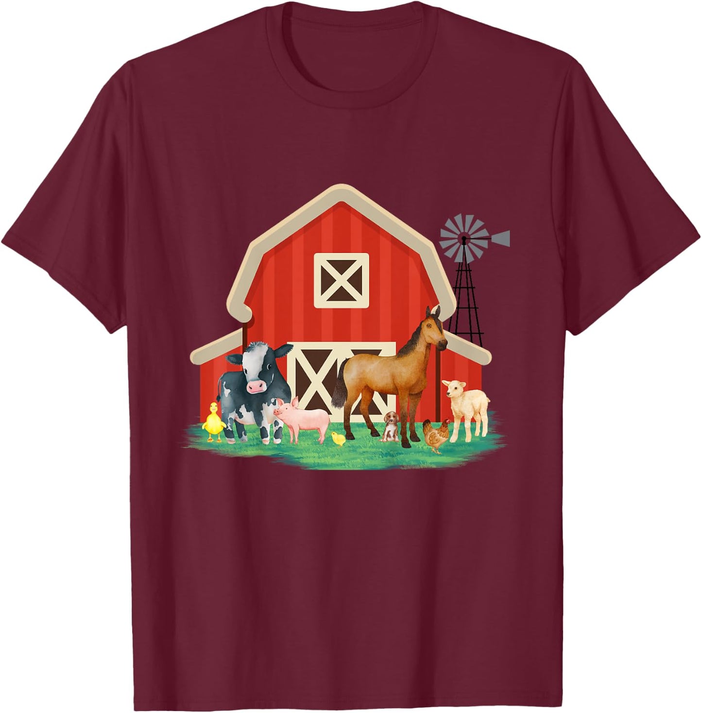 Kids Farm Animals, Cute Toddler and Youth Farm Animals with barn T-Shirt - T-Shirt | Maroon