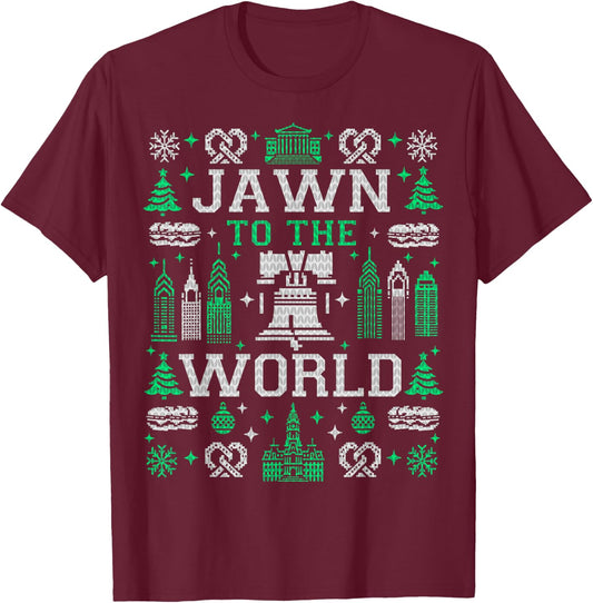 VINTAGE RETRO PHILADELPHIA PHILLY THROWBACK GIFTS Jawn to the World Philly Fan Philadelphia Ugly Christmas T-Shirt - T-Shirt | Maroon