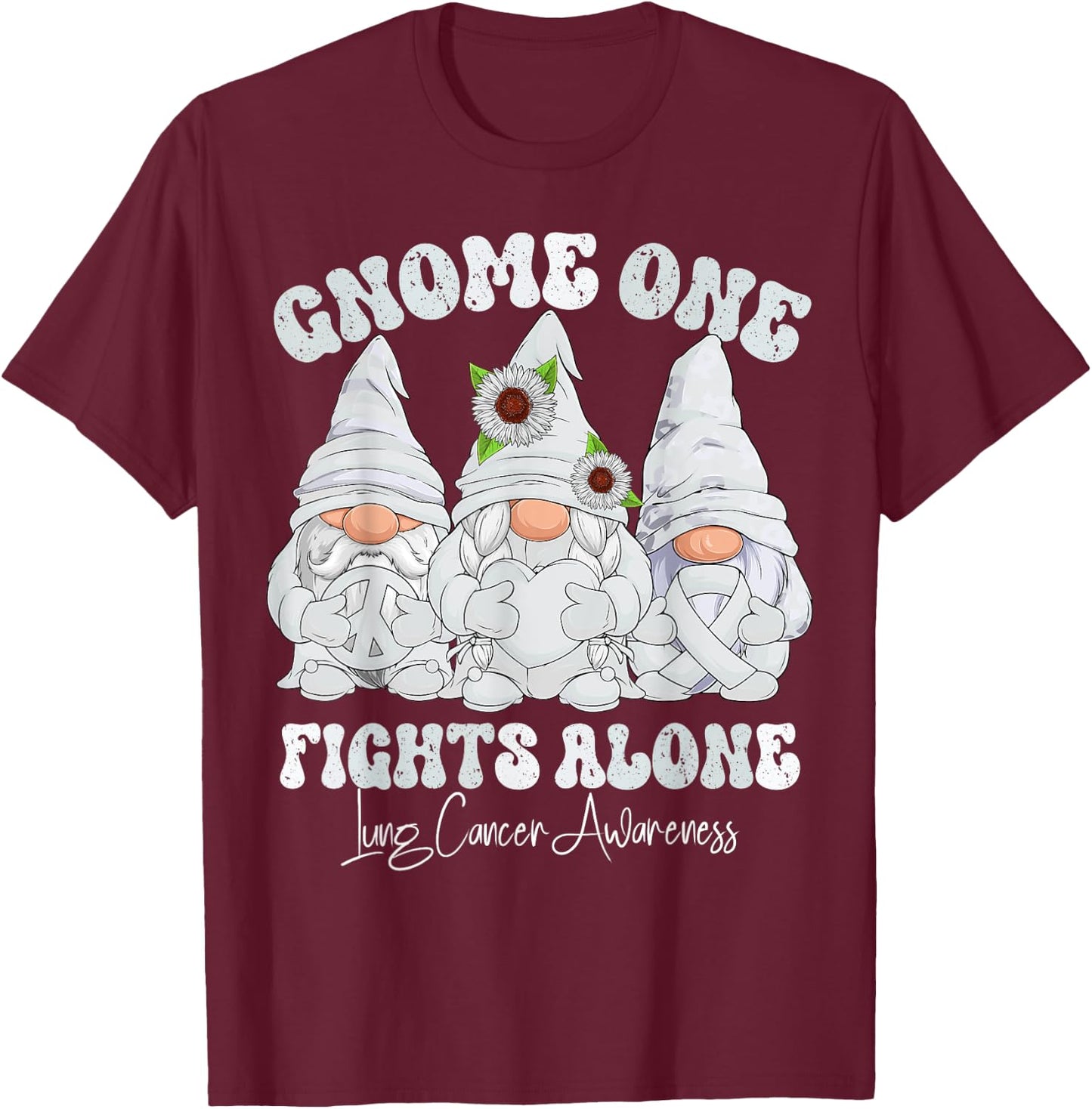 Lung Cancer Awareness Month White Ribbon Gnomies T-Shirt - T-Shirt | Maroon