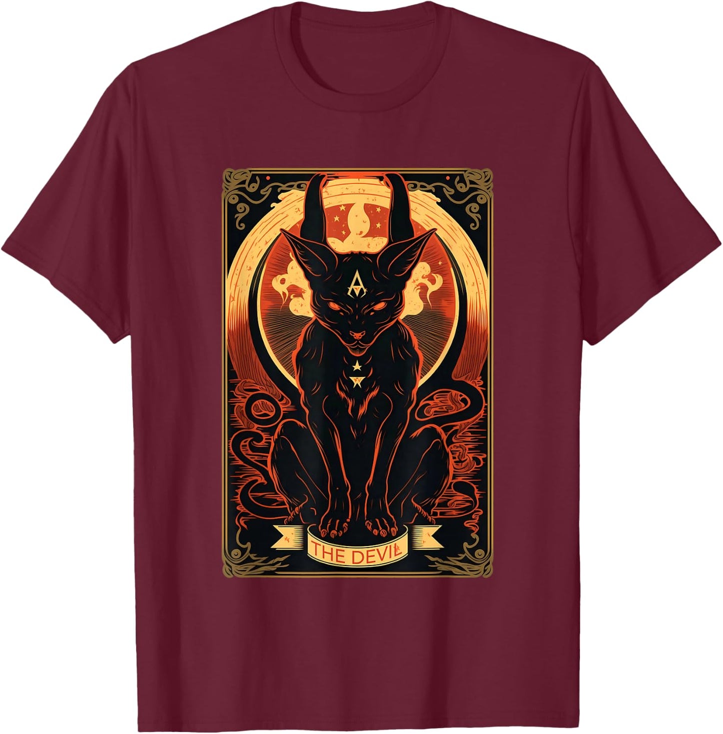 Cat Devil Tarot Card Graphic Illustration T-Shirt - T-Shirt | Maroon