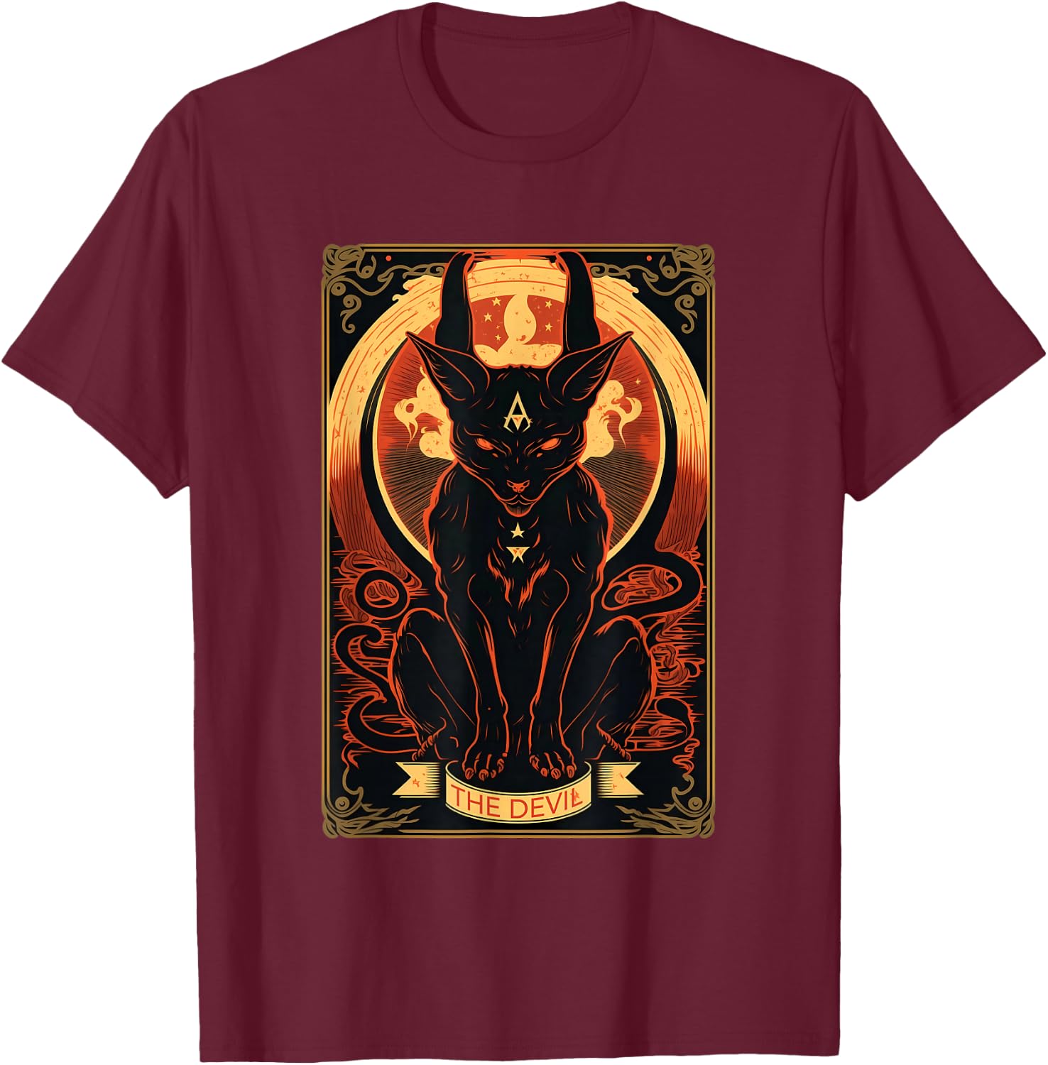 Cat Devil Tarot Card Graphic Illustration T-Shirt - T-Shirt | Maroon