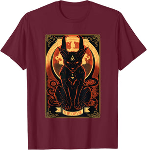Cat Devil Tarot Card Graphic Illustration T-Shirt - T-Shirt | Maroon