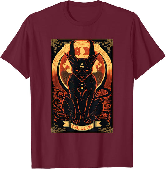 Cat Devil Tarot Card Graphic Illustration T-Shirt - T-Shirt | Maroon