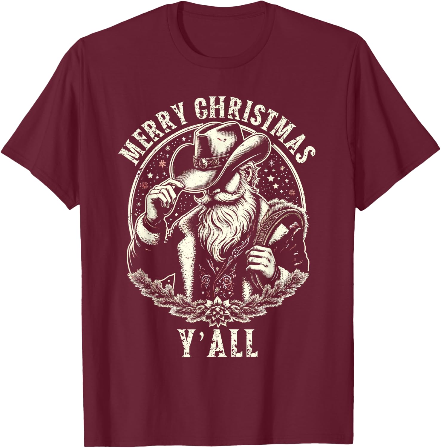 Cowboy Santa Claus Merry Christmas Y'all Western Country T-Shirt - T-Shirt | Maroon