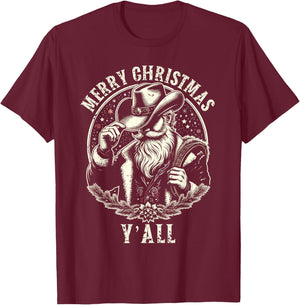 Cowboy Santa Claus Merry Christmas Y'all Western Country T-Shirt - T-Shirt | Maroon