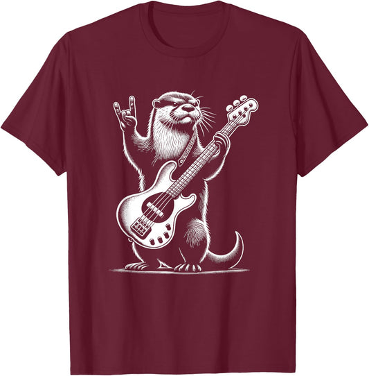 Rock n Roll Otter Playing Guitar Funny Otter T-Shirt - T-Shirt | Maroon