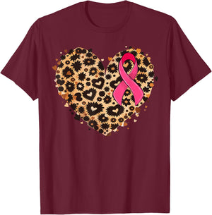 Breast cancer Pink ribbon Cheetah Leopard Heart Print T-Shirt - T-Shirt | Maroon