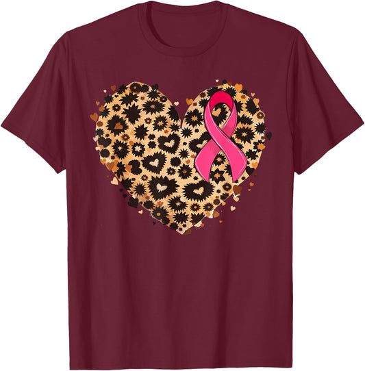 Breast cancer Pink ribbon Cheetah Leopard Heart Print T-Shirt - T-Shirt | Maroon
