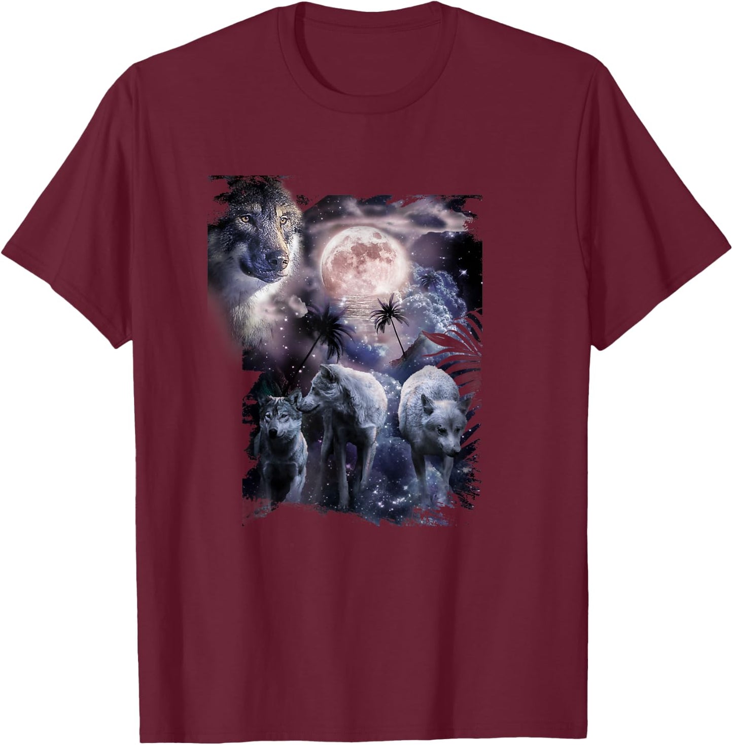 Tropical Wolves, Wolf Howling At Moon, Moonrise T-Shirt - T-Shirt | Maroon