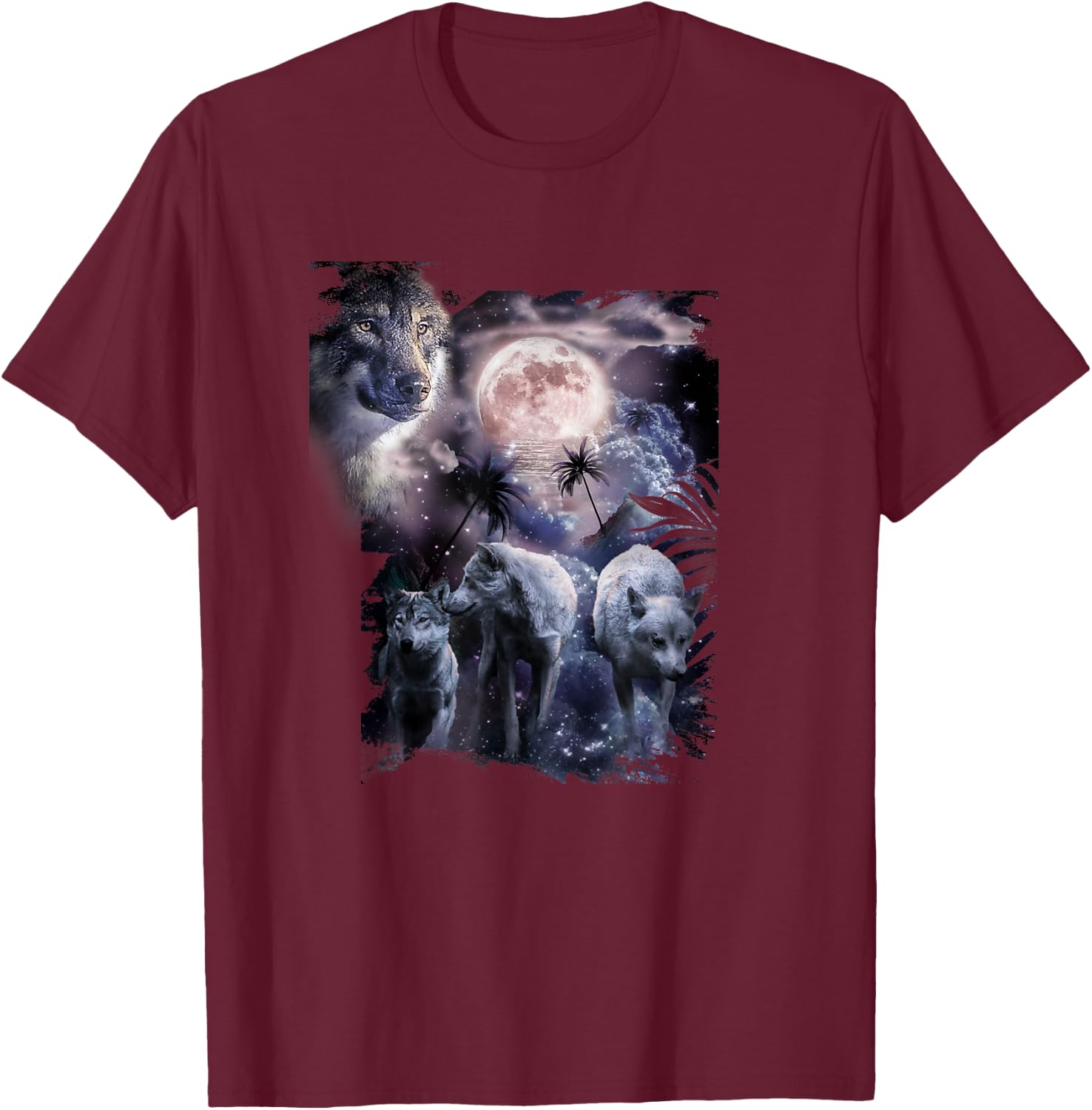 Tropical Wolves, Wolf Howling At Moon, Moonrise T-Shirt - T-Shirt | Maroon