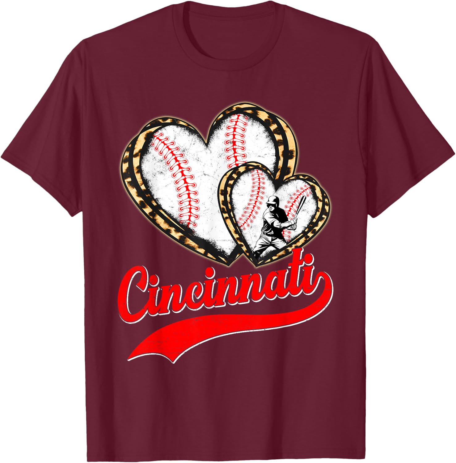 Vintage Cincinnati Baseball Leopard Heart Baseball Fans T-Shirt - T-Shirt | Maroon