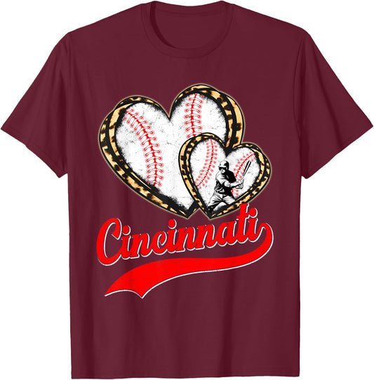 Vintage Cincinnati Baseball Leopard Heart Baseball Fans T-Shirt - T-Shirt | Maroon