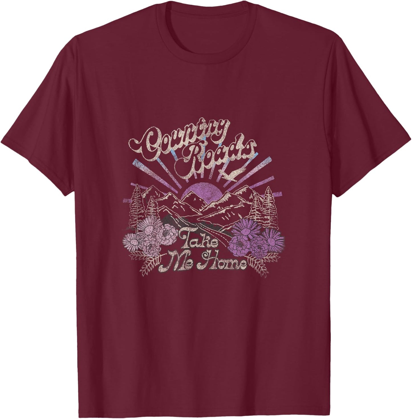 Country Roads Take Me Home Floral Mountain Scene T-Shirt - T-Shirt | Maroon
