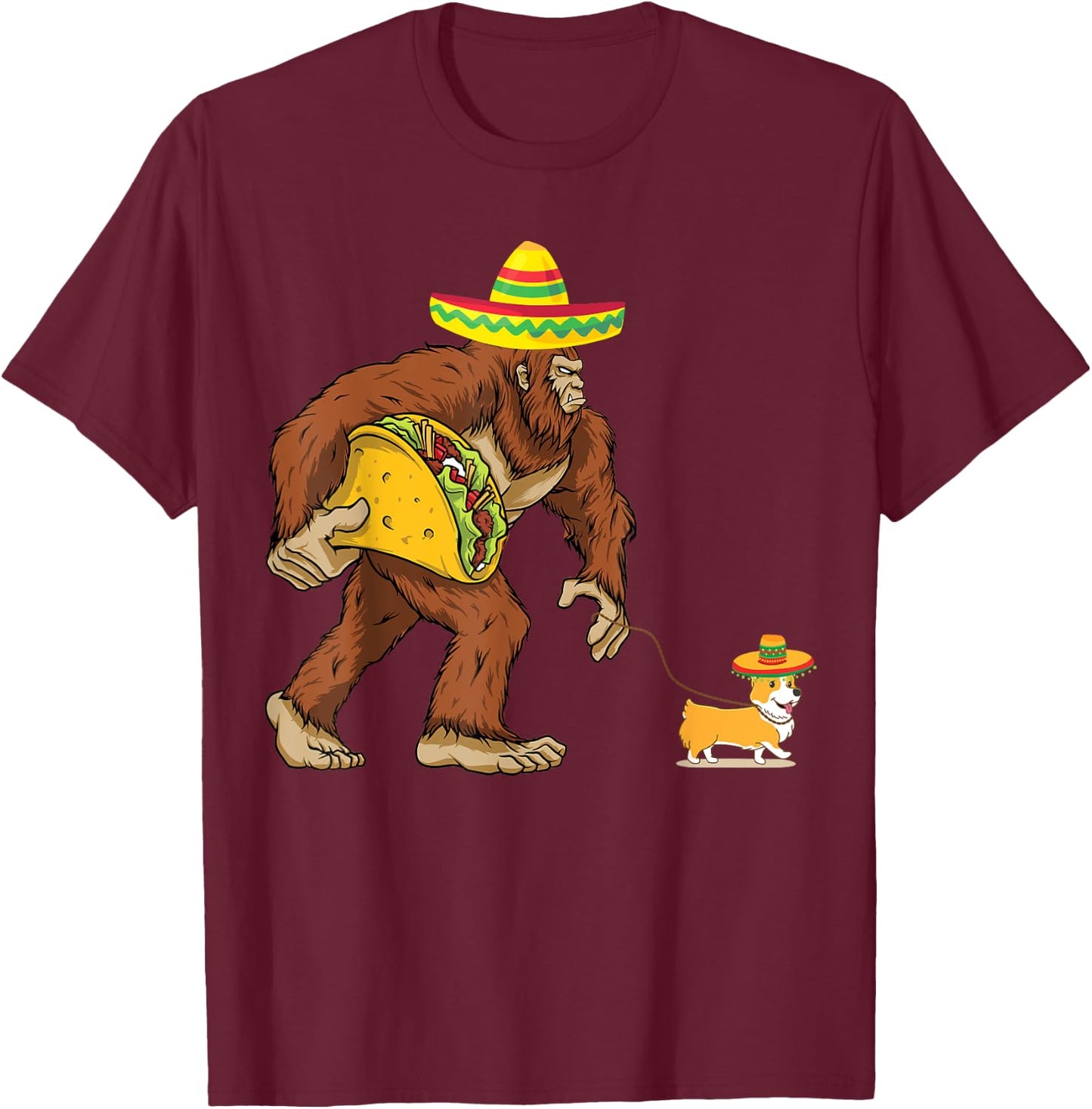 Bigfoot Steal Taco Corgi Dog Sombrero Cinco de Mayo Graphic Men Women Kids T-Shirt - T-Shirt | Maroon