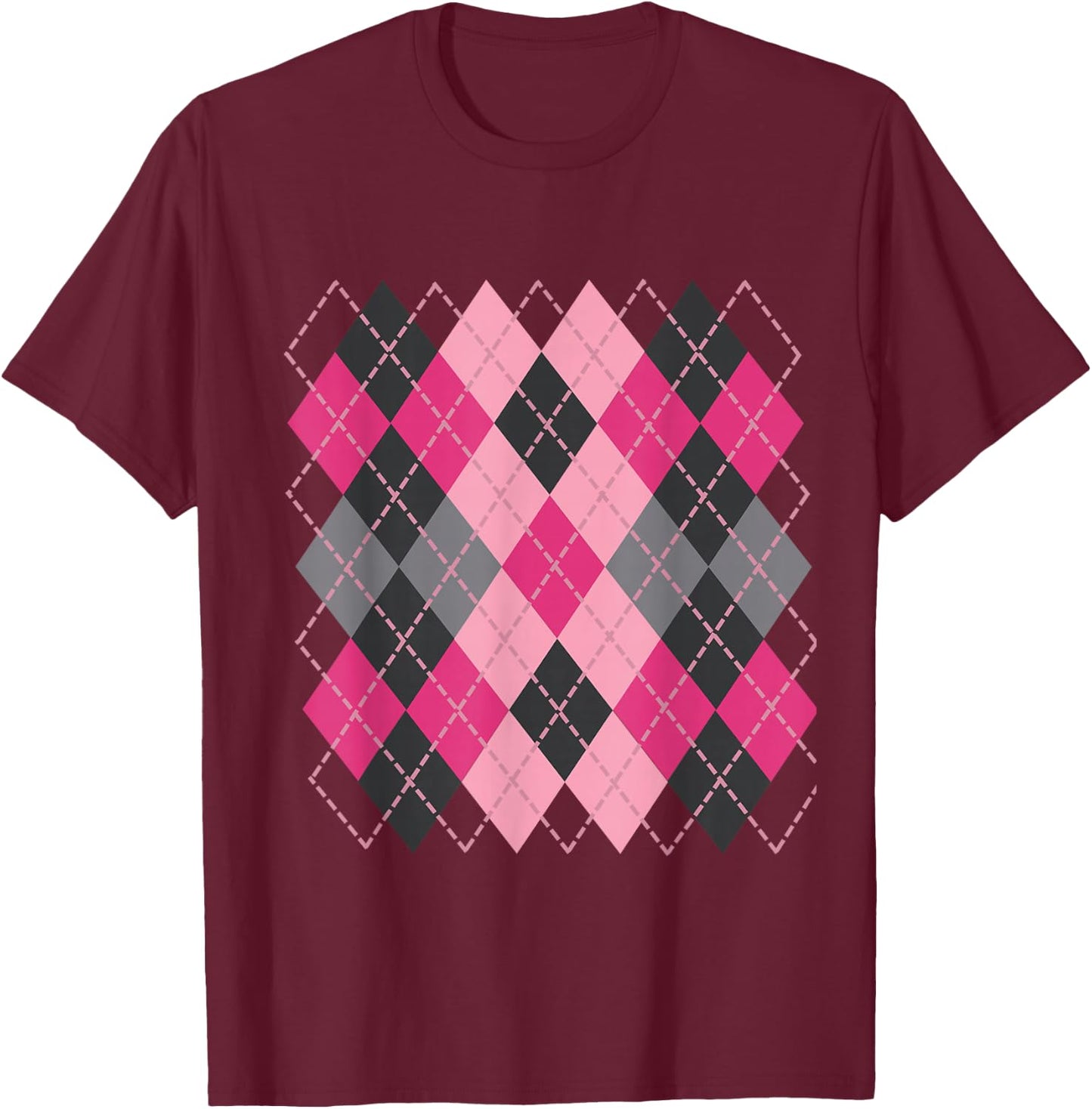 Retro Argyle Plaid Pattern Design in shades of pink & grey T-Shirt - T-Shirt | Maroon