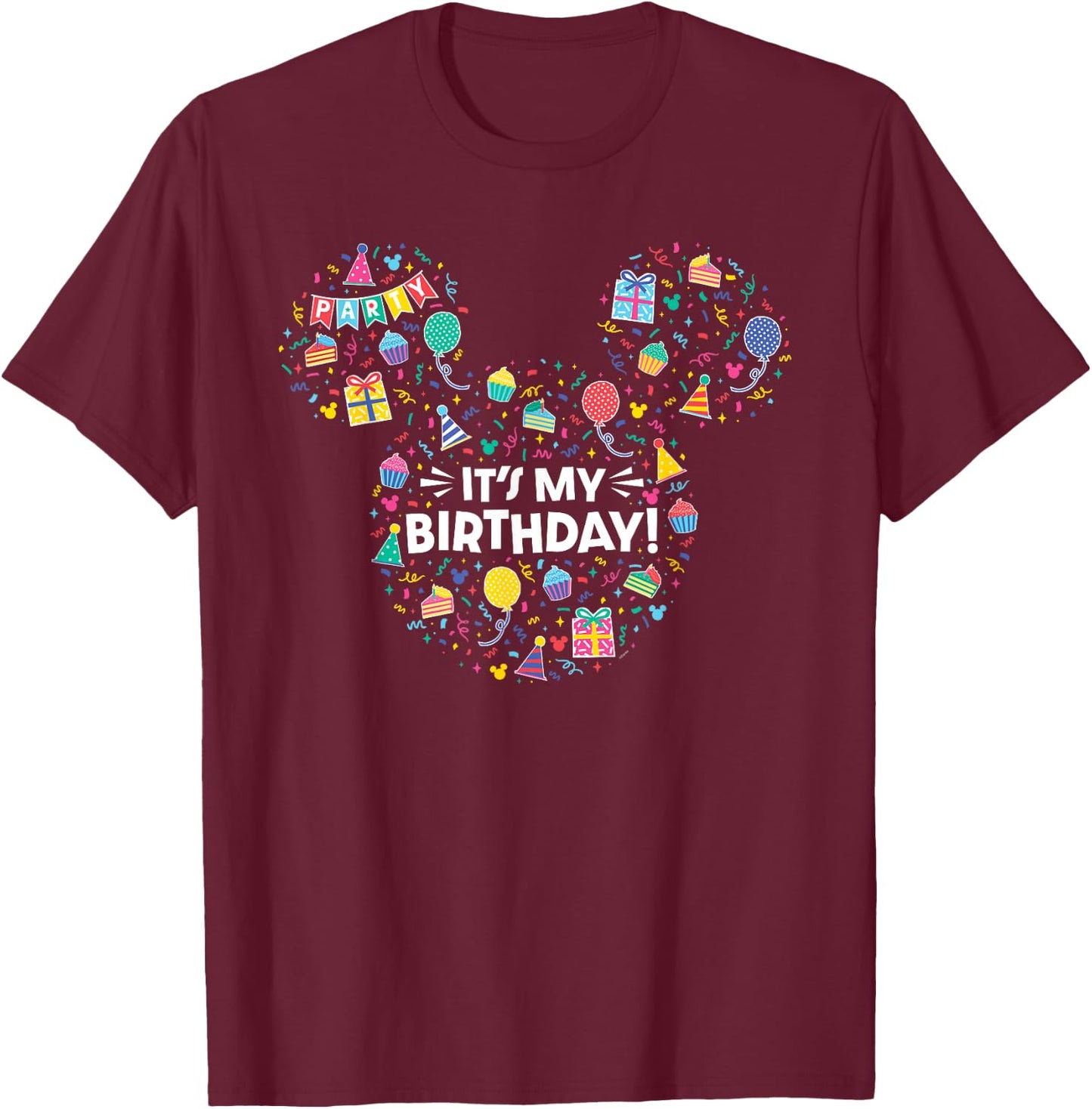 Disney Mickey Mouse Head Ears Icon Fill It’s My Birthday T-Shirt - T-Shirt | Maroon